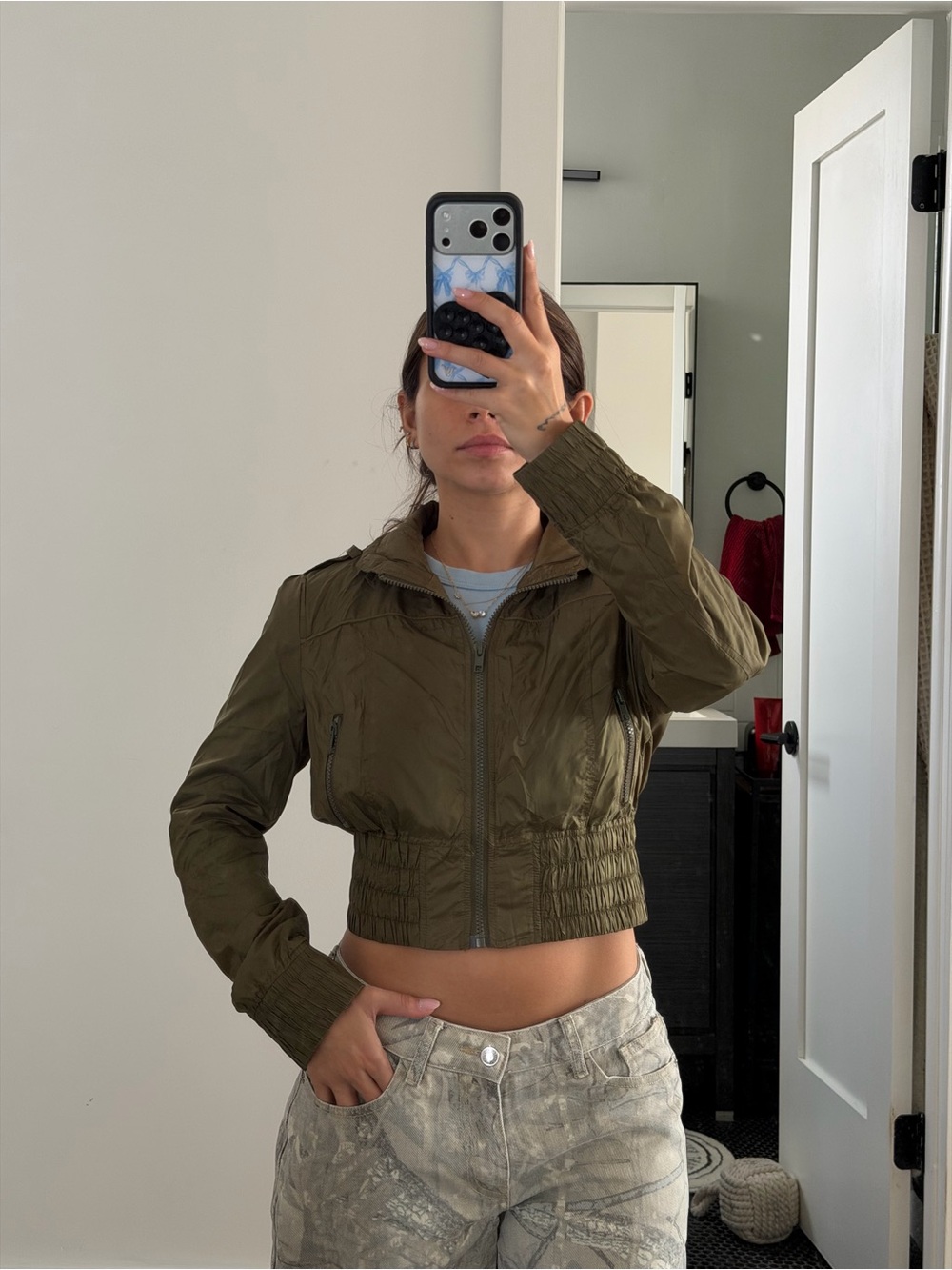 Cropped Olive Zip-Front Bomber Jacket